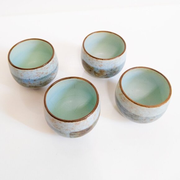 Set of 4 Ceramic Blue Sake Cups Japan Natural Drinkware Sushi Spring Design Set - Picture 4 of 4